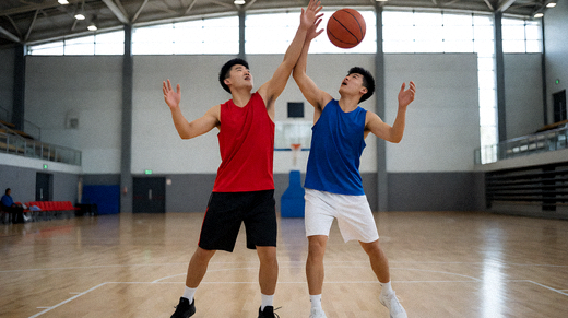 室内篮球馆比赛现场，球员在球场中央争抢篮板球