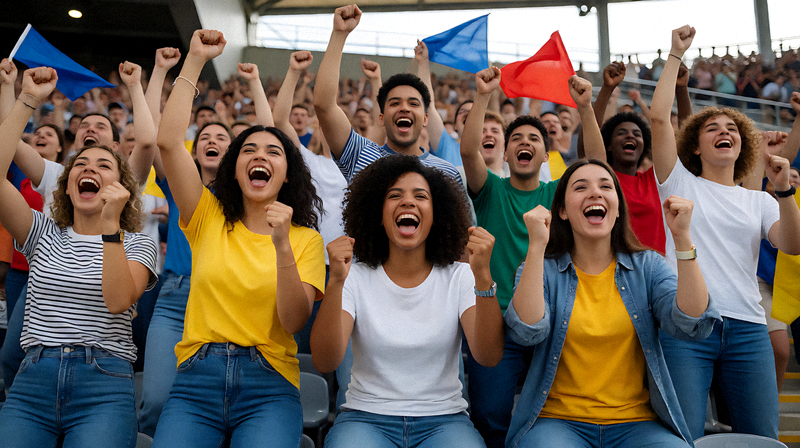 球迷在看台上为球队进球欢呼庆祝的场景